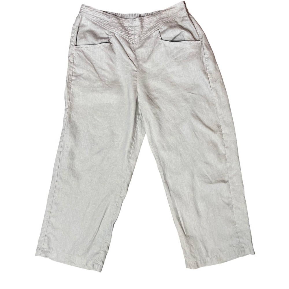 Lisa Bayne Women Petite Large Taupe Linen Blend Wide Leg Crop Pants Side Zip L P
